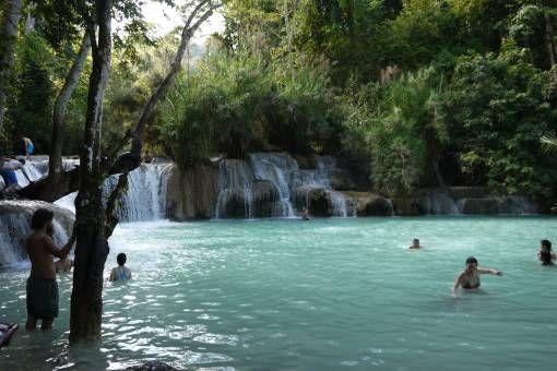 Swimming at Kuang Si Waterfall, Laos