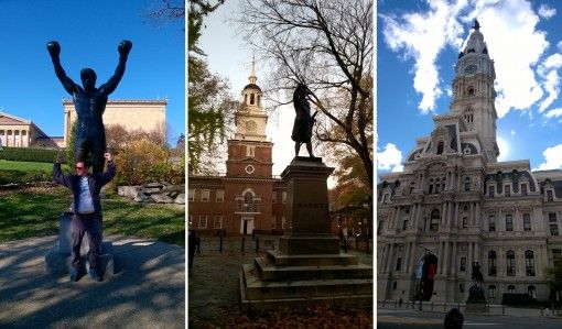 Rocky statue, Independence Hall and City Hall in Philadelphia