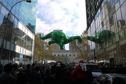 A dinosaur balloon at Macy's Thanksgiving Parade