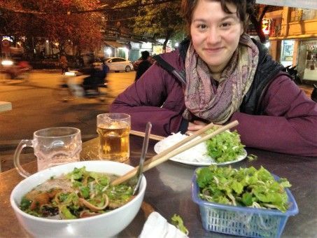 Teacher Melissa having dinner on a Hanoi street in Vietnam