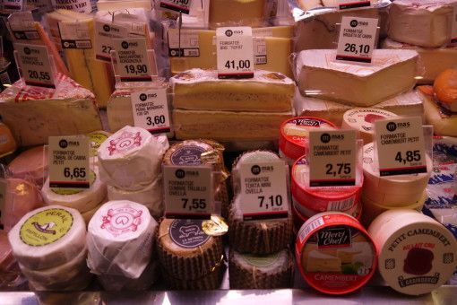 Selection of Cheese in La Boqueria Market in Barcelona