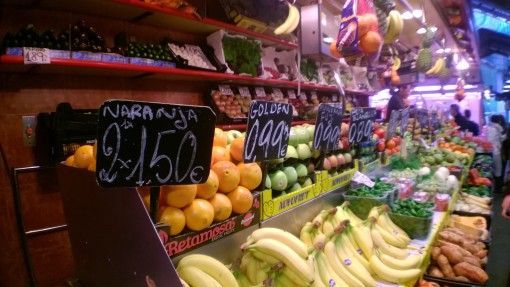 Fruit and vegetables for sale at La Boqueria market, Spain