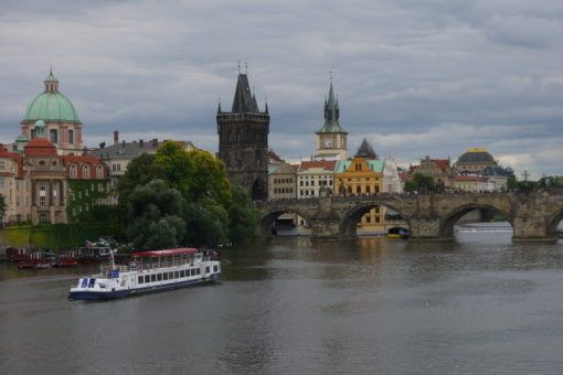 The Charles Bridge from the riverbank in Prague