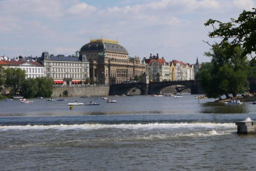 Riverbank view of the Charles Bridge in Prague