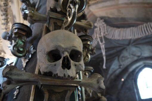 Skull decoration at the Bone Church in Kutna Hora, Czech Republic