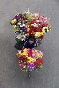 A Hanoi Street Vendor on a bike full of flowers 