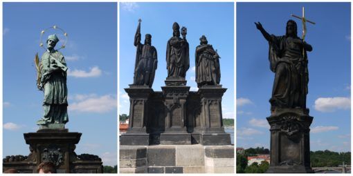 Collage of Baroque statues on the Charles Bridge in Prague