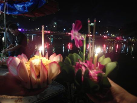 Krathongs made of leaves and flowers at the Loy Krathong festival in Thailand