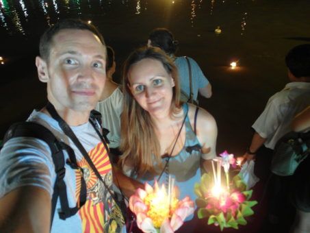 Andrew and I about to release our Krathongs into the River Ping during Loy Krathong