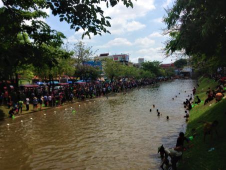 Songkran revellers near the moat in Chiang Mai, Thailand