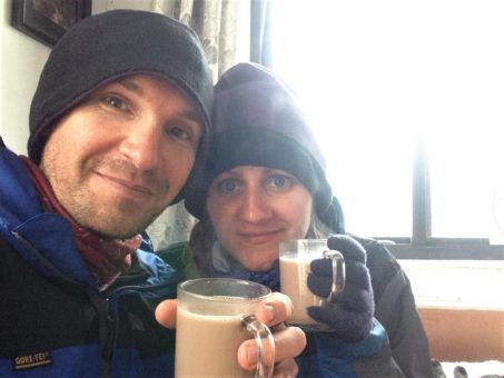 Us drinking hot chocolate in a tea house while hiking to Everest Base Camp