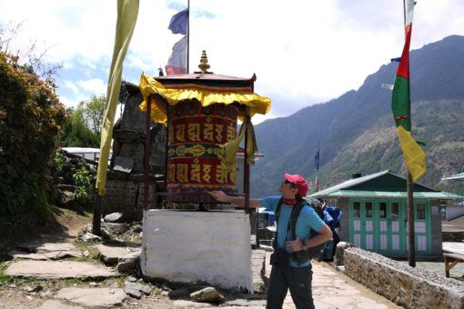 Andrew by a prayer wheel on the Everest Base Camp Trek
