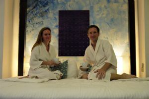 Me and Andrew in bath robes at Theva Residency in Sri Lanka