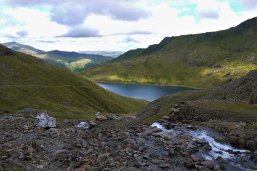 View of the lakes while hiking up Mount Snowdon in Wales 
