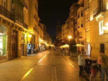 A main street in Logrono, Spain at night