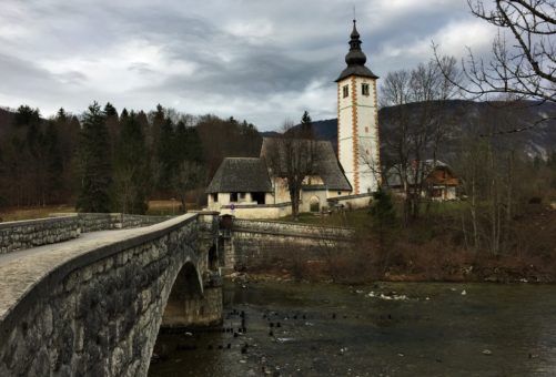 Church and Bridge at Lake Bohinj, Slovenia