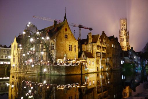 The beautiful Bruges waterways at night at Christmas
