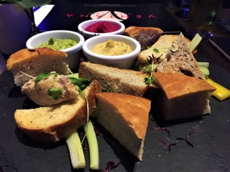 Hummus trio and bread platter at the Ventana Grand Cafe in Bournemouth
