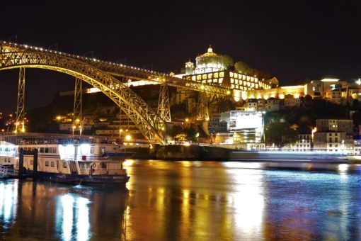 The Douro River in Porto and Dom Luis I Bridge at night