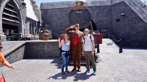 Us with a guard and the Hogwarts Express at Universal Studios Hollywood, Wizarding World of Harry Potter