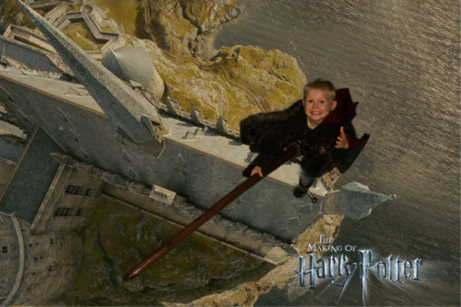 Alfie on the green screen broom experience at the Harry Potter Warner Bros. Studio Tour