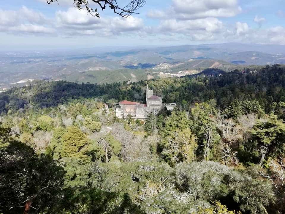 Bussaco Palace, seen from a viewpoint in the forest, Portugal