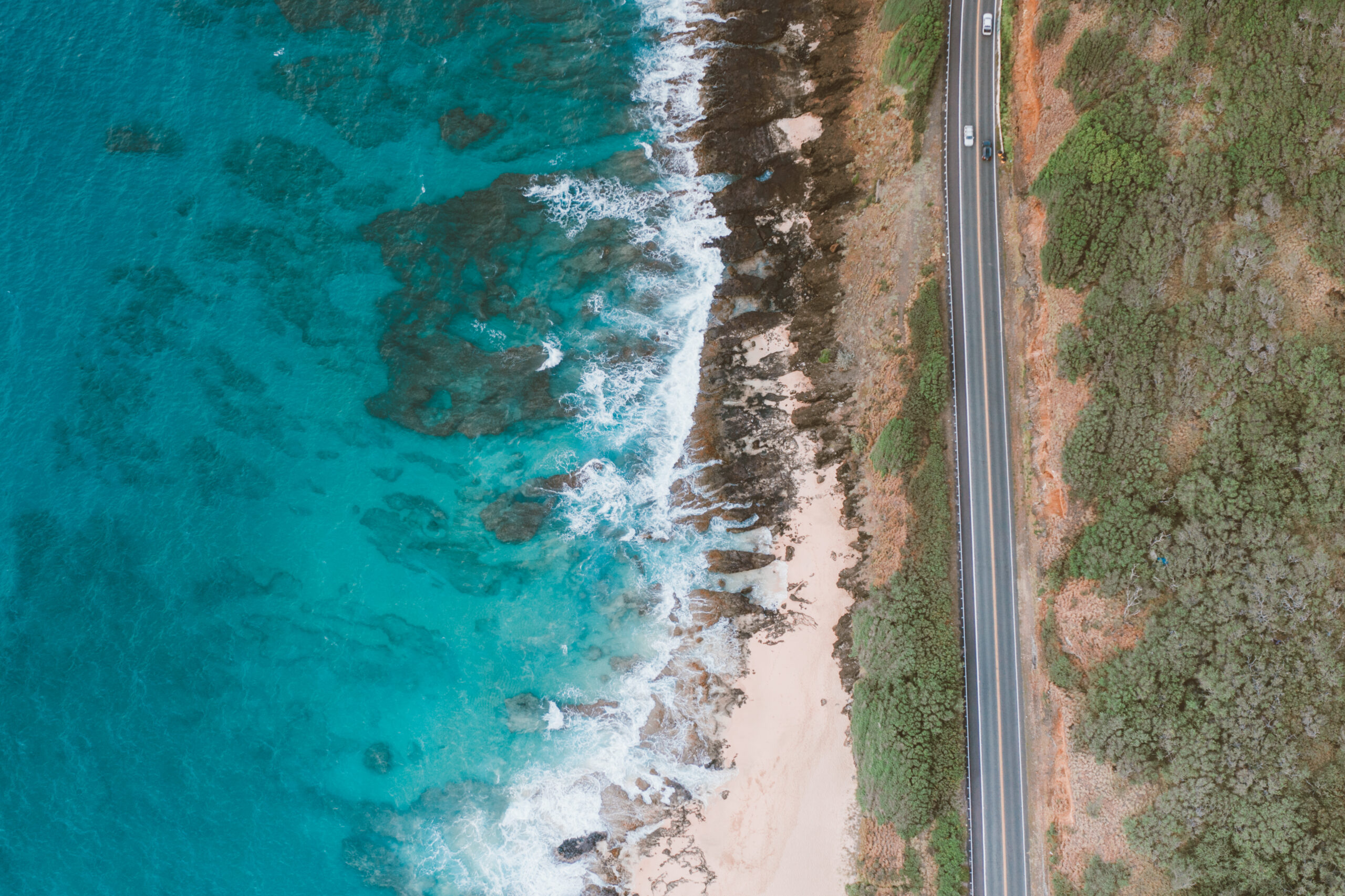 Aerial view of an ocean road in Hawaii