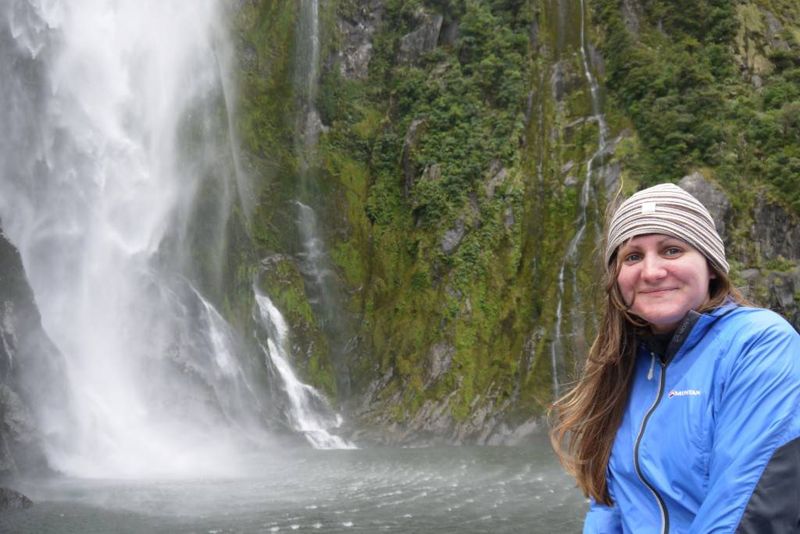 Amy with the waterfall in Milford Sound