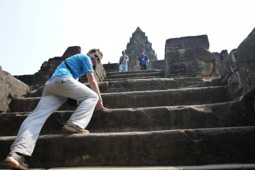 Climbing Temple Steps in Cambodia