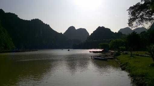 View of the river and mountains in Bird Valley, Tam Coc