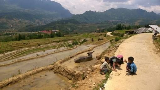 Local children playing by the roadside in Sapa, Vietnam