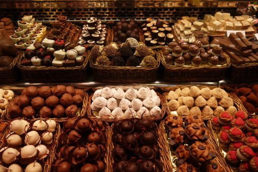 Chocolate stall at La Boqueria in Barcelona, Spain
