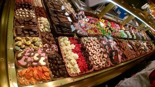 Sweet and biscuit stall at La Boqueria Market in Barcelona