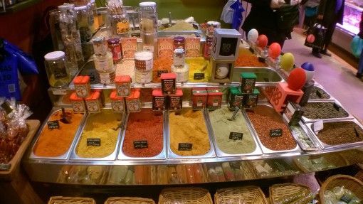 Spices for sale at La Boqueria market in Barcelona, Spain