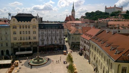 View of the Town Square in Bratislava from the top of the Clock Tower