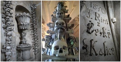 Collage of pictures of bones from the Sedlec Ossuary in Kutna Hora 
