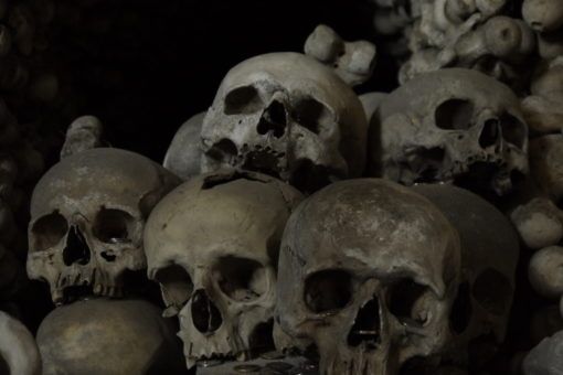 Collection of skulls in the Kutna Hora Bone Church in the Czech Republic