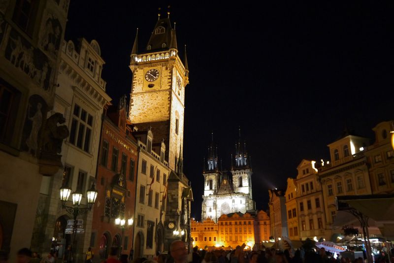 Prague Old Town Square lit up at Night