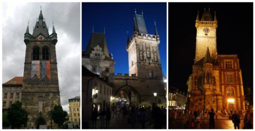 Collage of towers in Prague by night