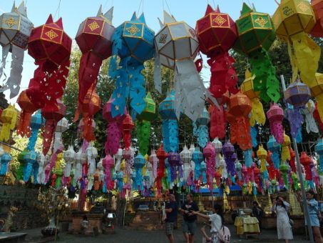 Colourful Lantern displays at Wat Lok Molee temple in Chiang Mai for Yi Peng Festival