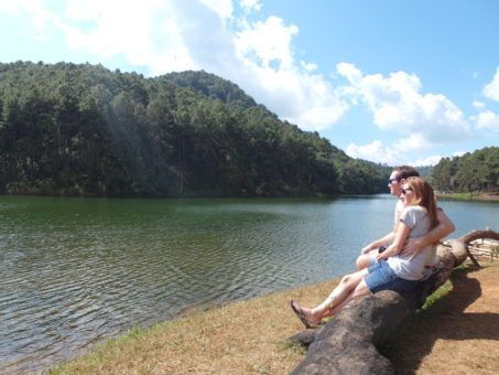 Us looking out at Pang Yng resevoir in Thailand 
