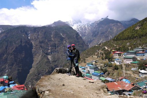 Us trekking in Nepal, overlooking Namche Bazaar