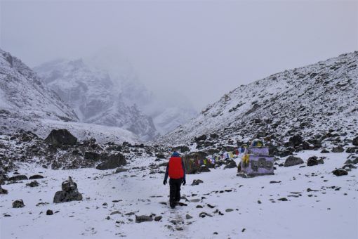 Trekking through the snow to Gorak Shep, Nepal