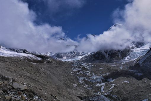 The barren, rocky landscape of the Himalayas near Gorak Shep