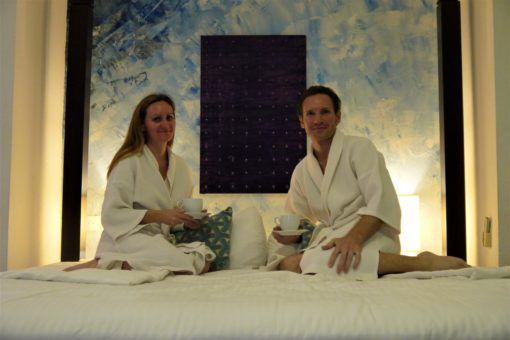 Me and Andrew in bath robes at Theva Residency in Sri Lanka 