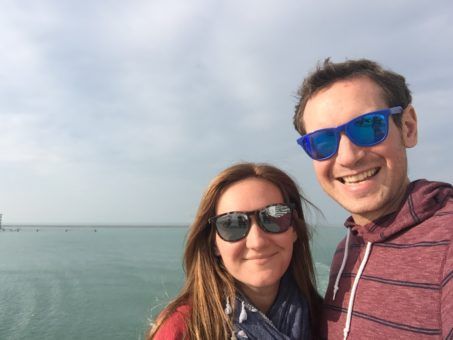 Andrew and I on the ferry at the start of our road trip to Portugal