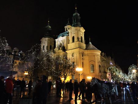 St Nicholas' Church in Prague's Old Town Square at Christmas