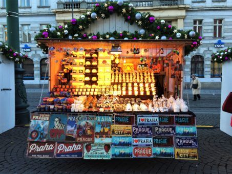 Typical Prague souvenir stall at the Christmas Markets