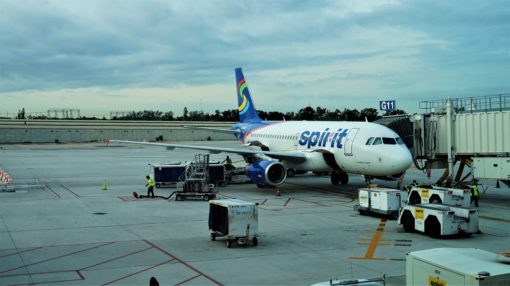 Our Spirit Airlines plane preparing to depart from Fort Lauderdale Airport, Florida