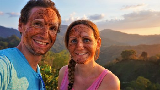 Us wearing a coffee and cacao mask after our tour at Finca La Candelaria, Minca, Colombia